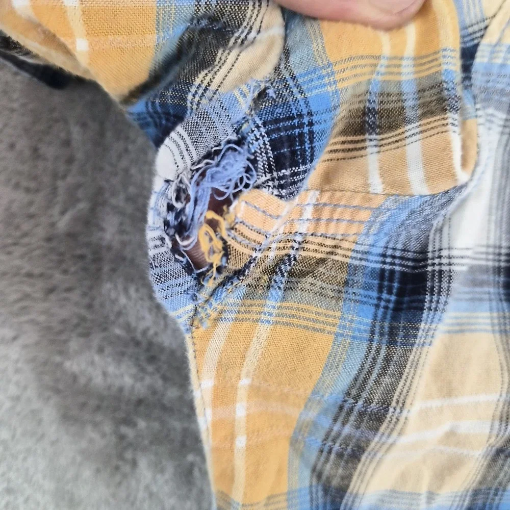 True Religion Rocky Western Shirt Men Large Yellow Blue Plaid Pearl Snap Cotton